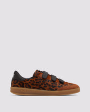 Side angle of leopard/brown and black/brown sneakers