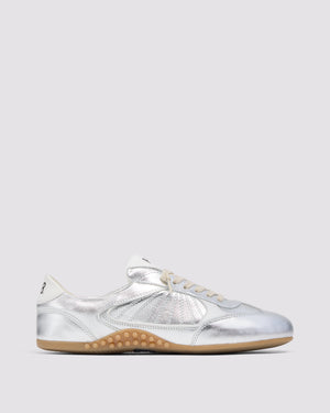 Side angle of silver sneakers